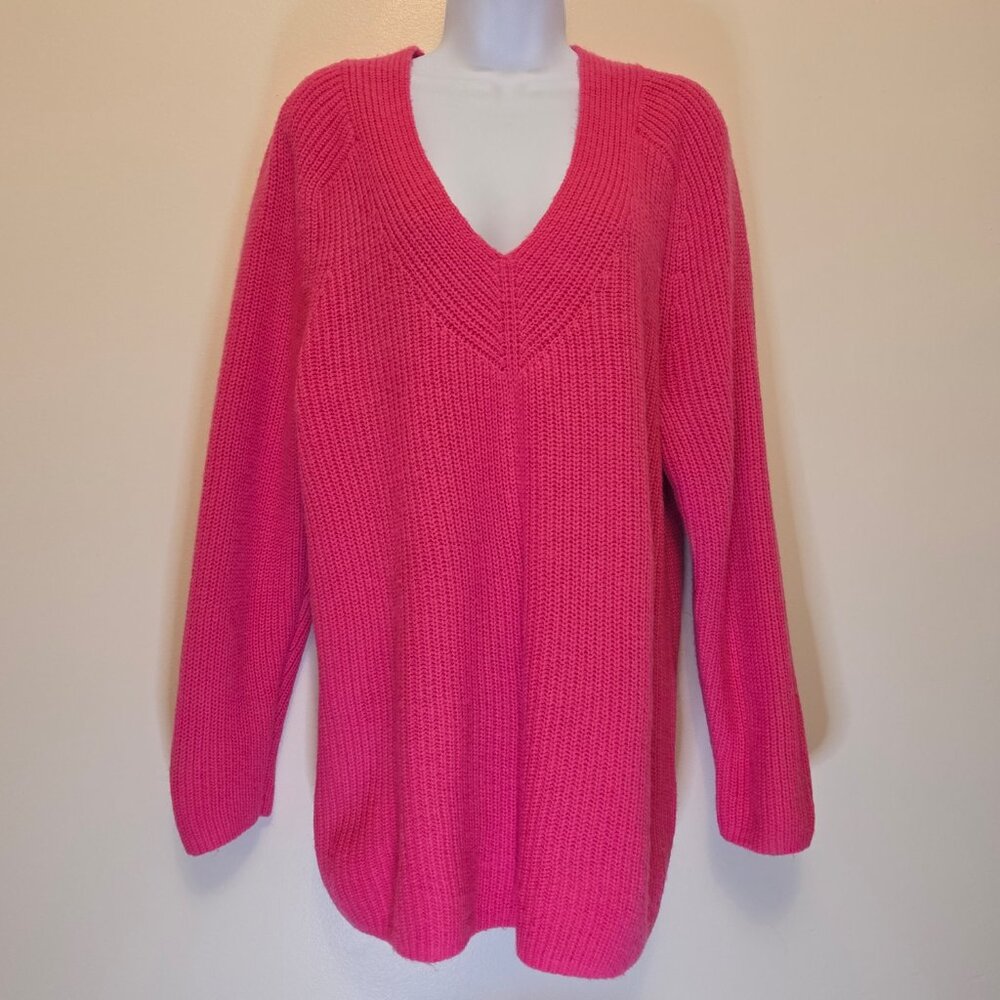 Lucky Brand Women’s Bold Barbie Hot Pink Long Sleeve V-Neck Pullover Sweater - L